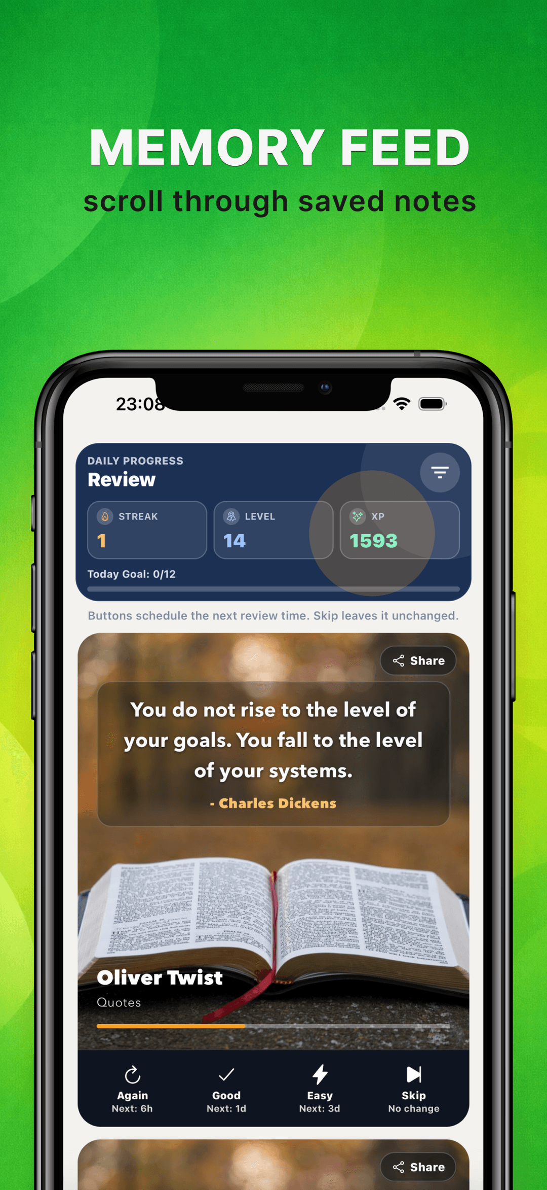 Notaria memory feed showing a saved book quote with Again, Good, and Easy spaced review buttons