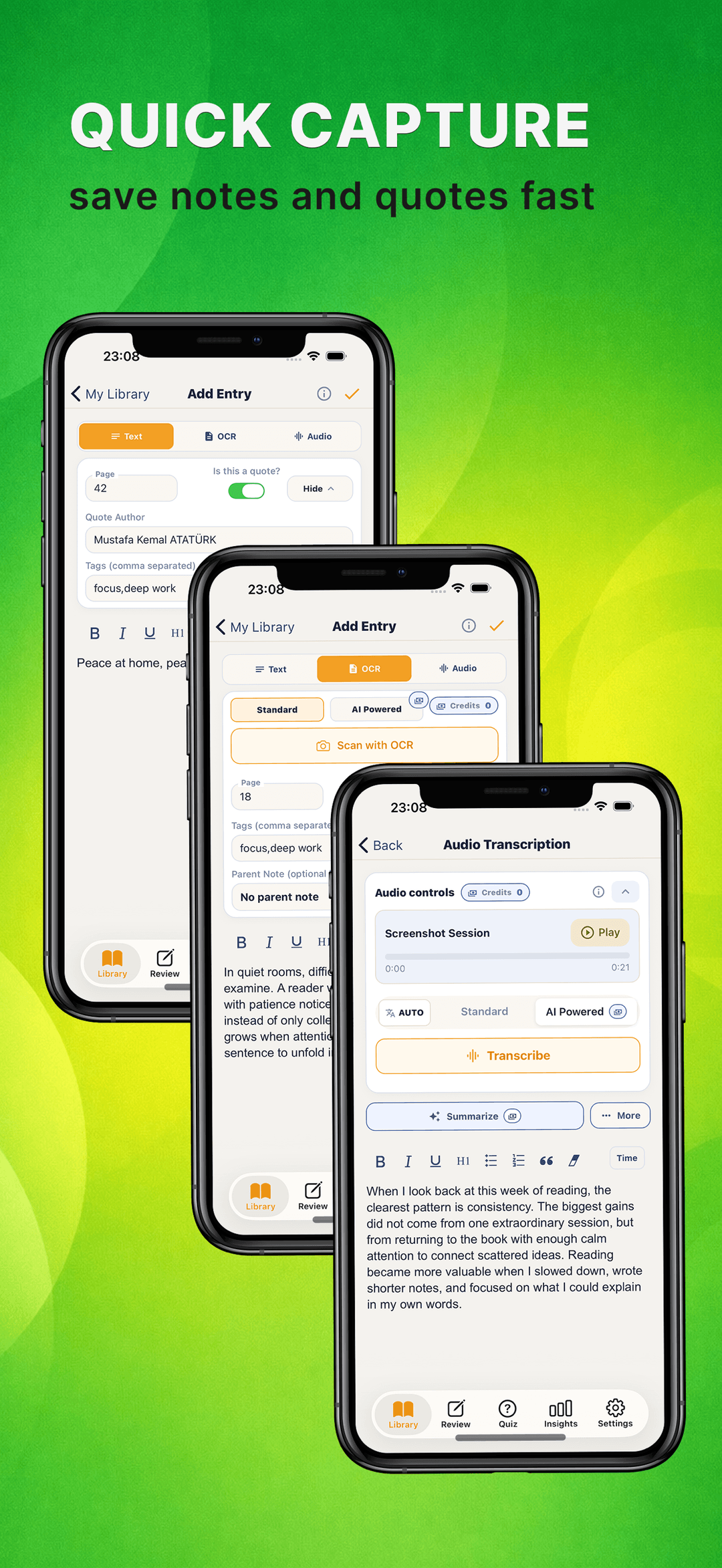 Quick capture in Notaria: type a book note, scan a page with OCR, or transcribe an audio note