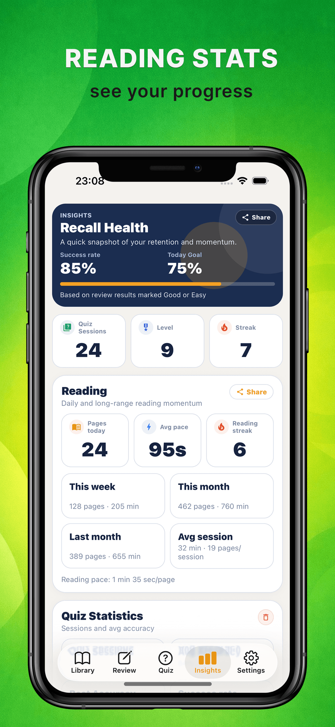 Reading stats in Notaria: recall health, quiz sessions, streaks, pages read, and average pace