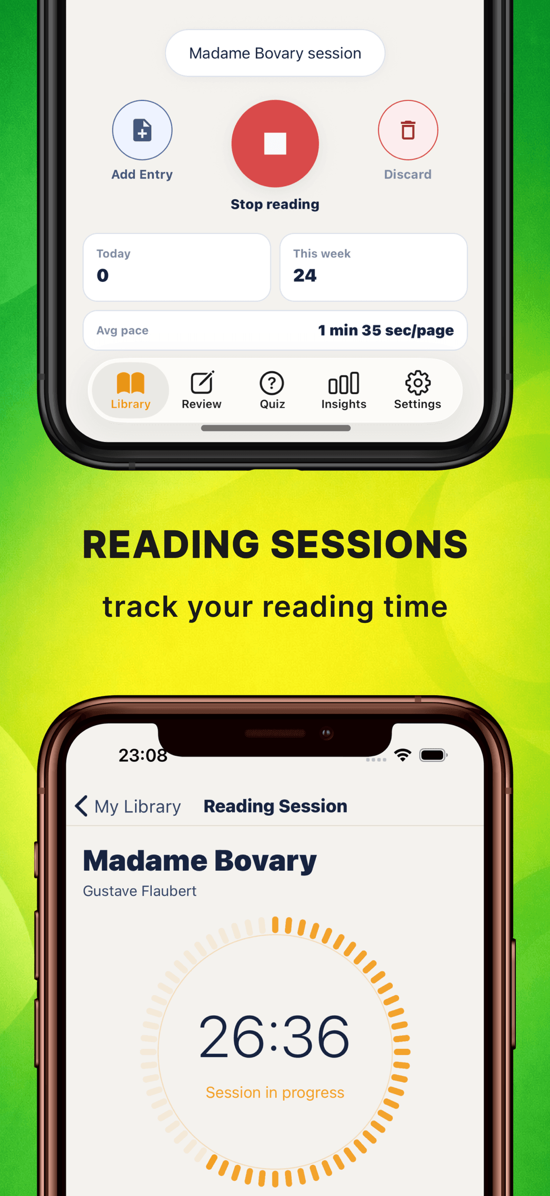 Reading session timer in Notaria tracking time and page pace while reading Madame Bovary