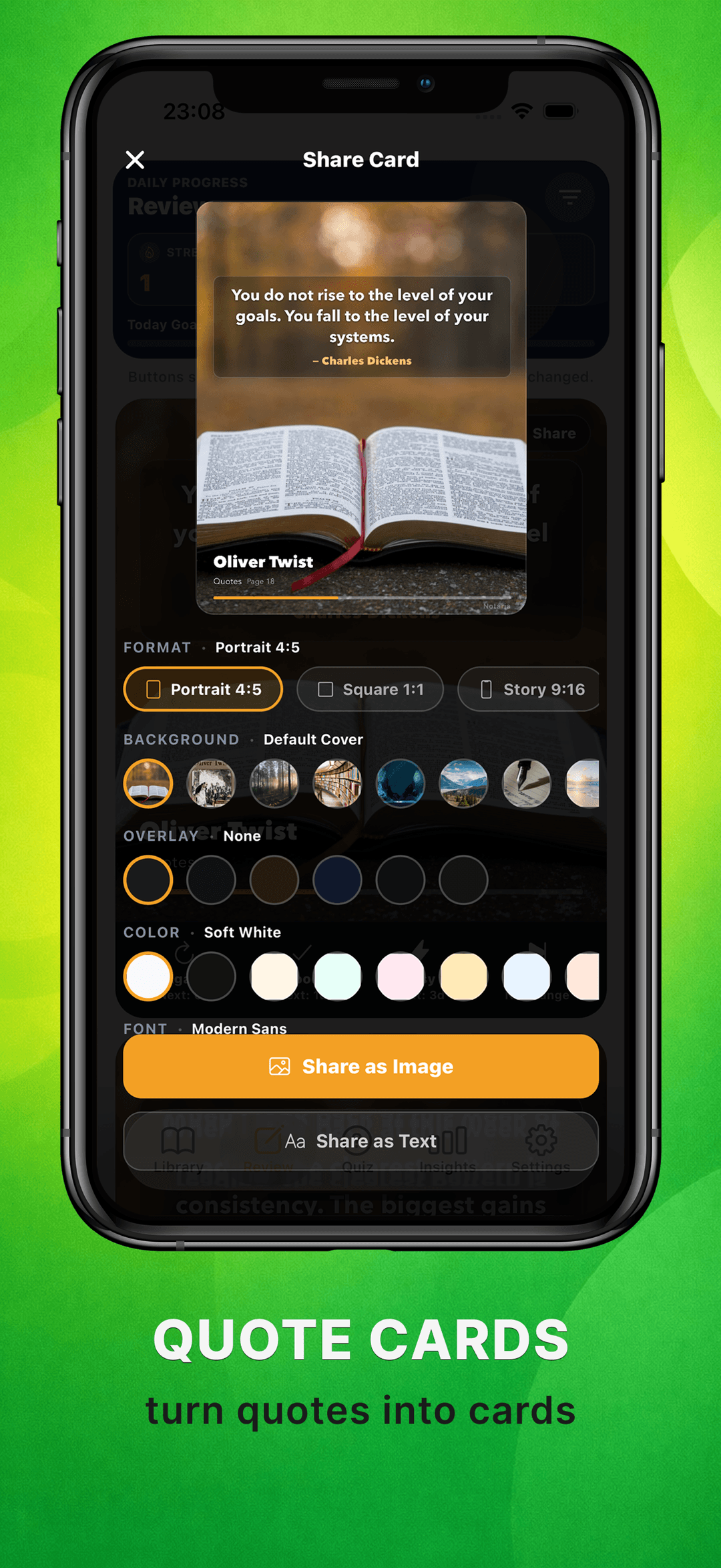Notaria quote card editor turning a saved book quote into a shareable image card