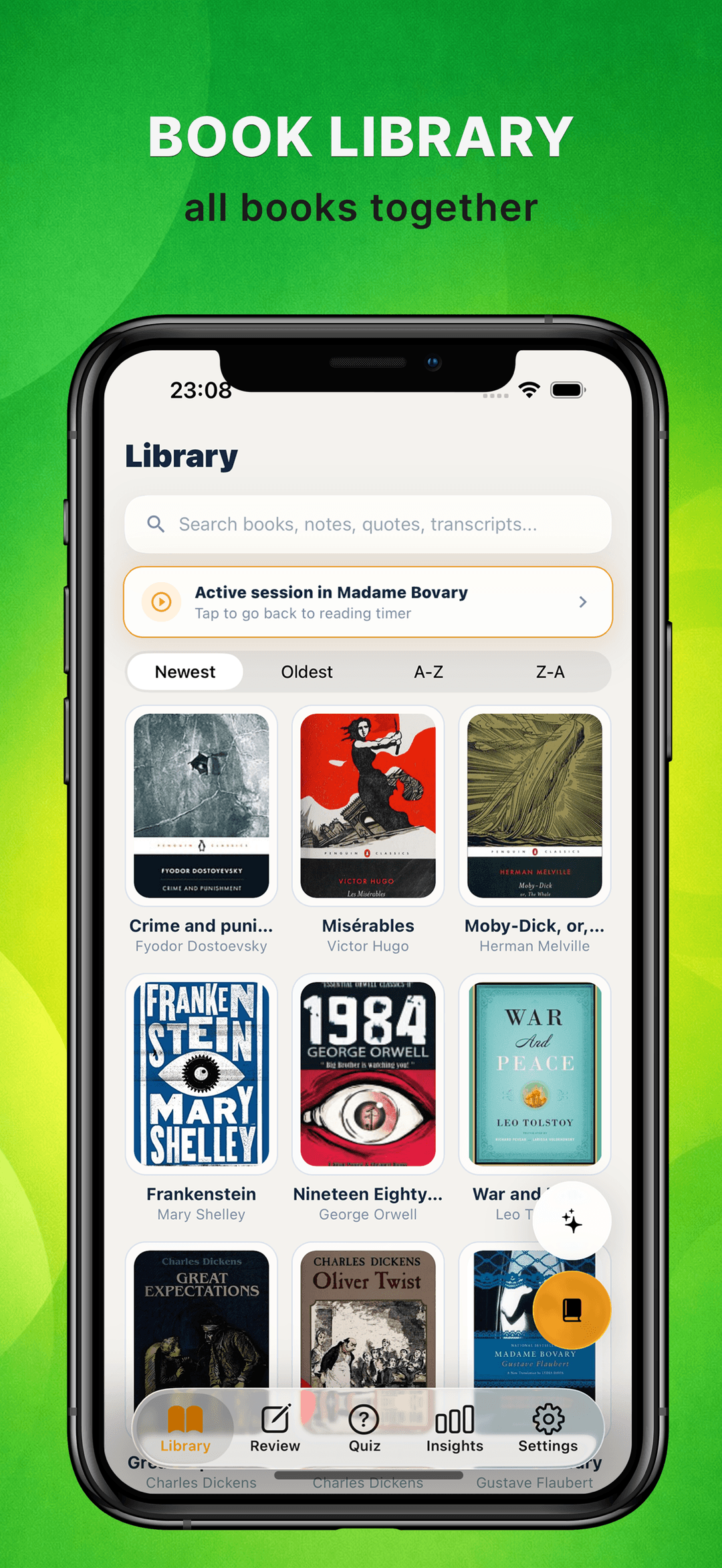 Notaria bookshelf library with book covers and search across notes, quotes, and transcripts